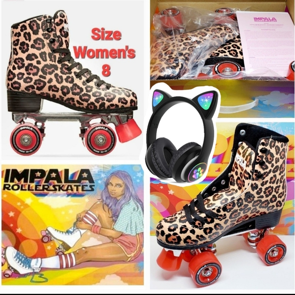 Impala Quad Roller Skate - Leopard Print Boot Woman's Size 8 w Bonus Headphones